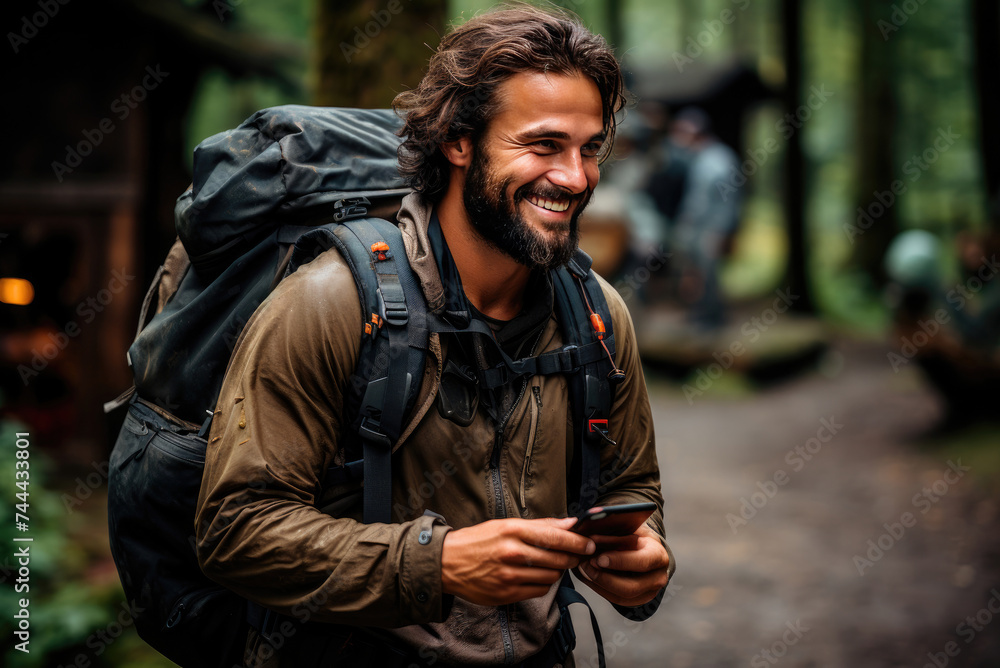 Young male traveller with a large backpack is hiking with a smartphone in hand, checking navigation