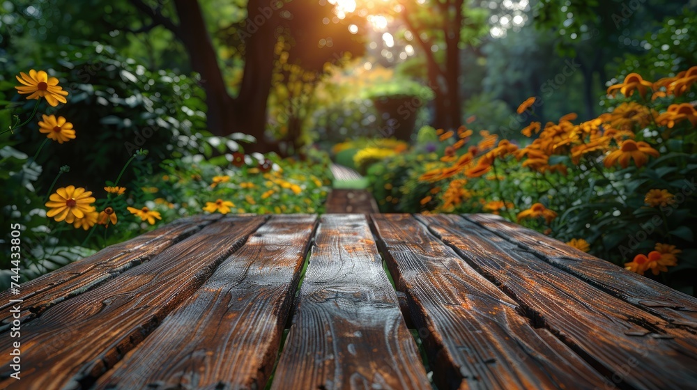 Nature's Backdrop, Empty Wooden Table with Summer Garden Background Nature's Backdrop, Empty Wooden Table with Summer Garden Background