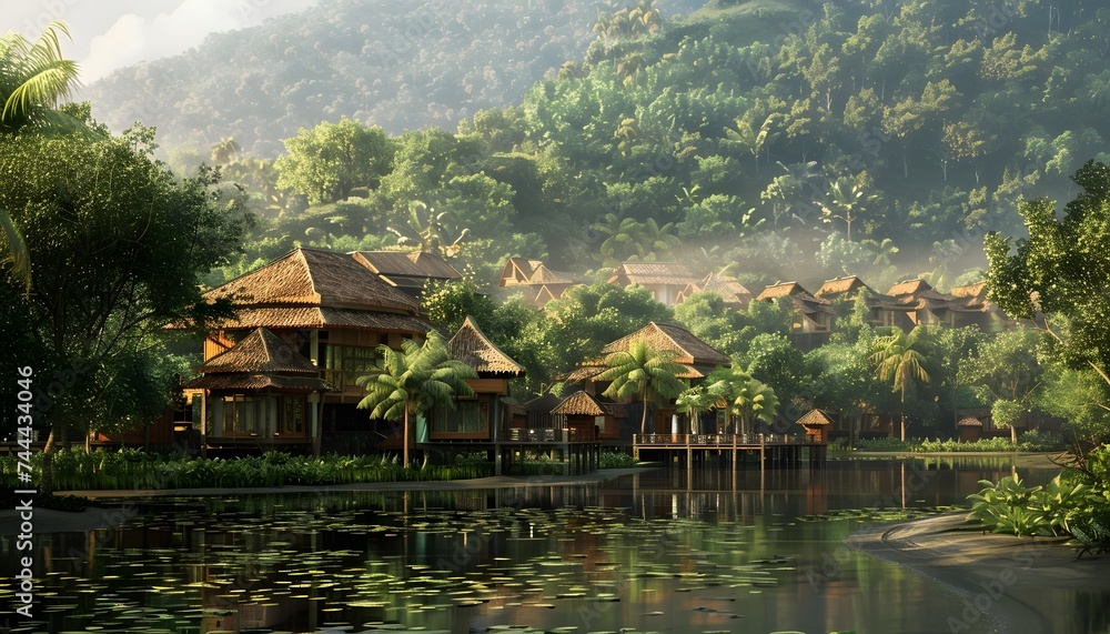 Naklejka premium Village house by the river, with fantasy style, painting style, generated by AI