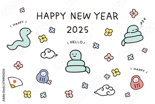 2025年　年賀状　かわいいキャラクターの蛇のイラストレーション