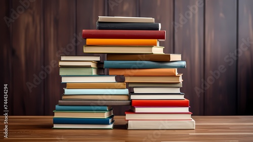 A stack of colorful books neatly arranged on a desk.