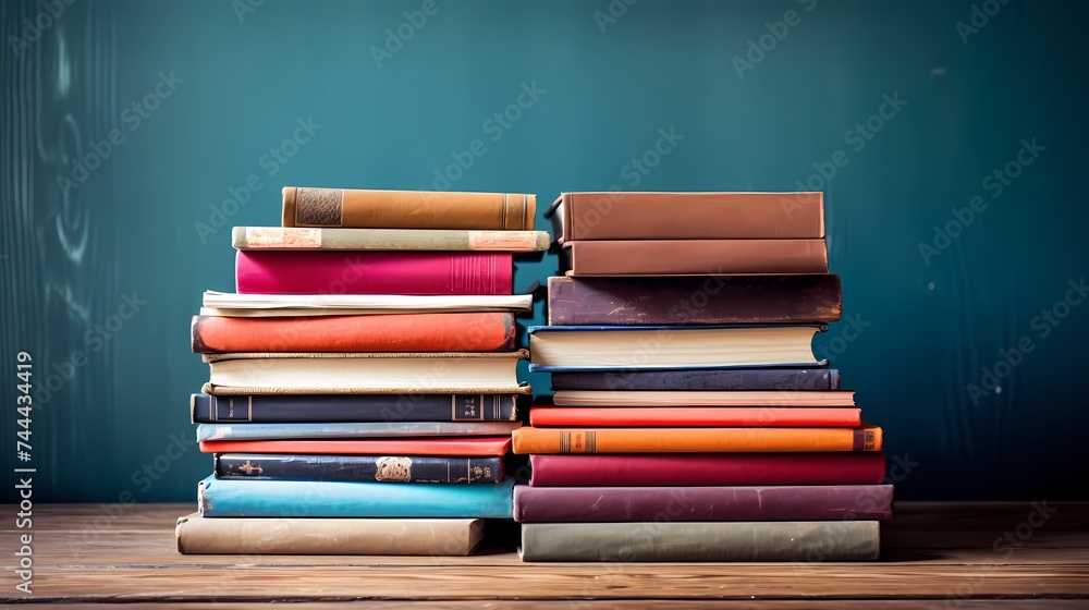 A stack of colorful books neatly arranged on a desk. A stack of colorful books neatly arranged on a desk.