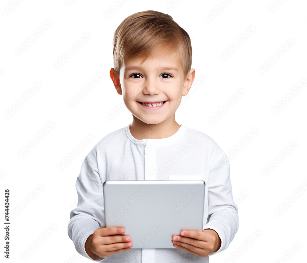 Smiling smart young boy holding a tablet, cut out Smiling smart young boy holding a tablet, cut out