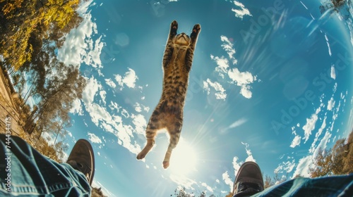 A cat on man. An animal jumps on a person against the sky. First person view with human legs photo