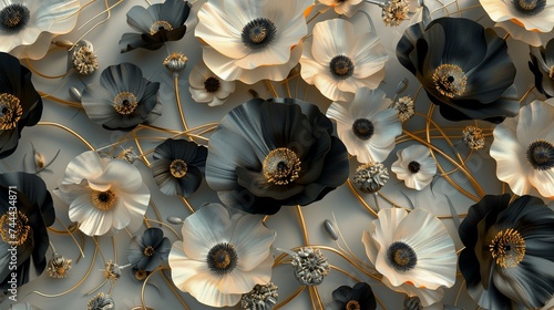 poppies black and gold flowers on black background generated by ai photo