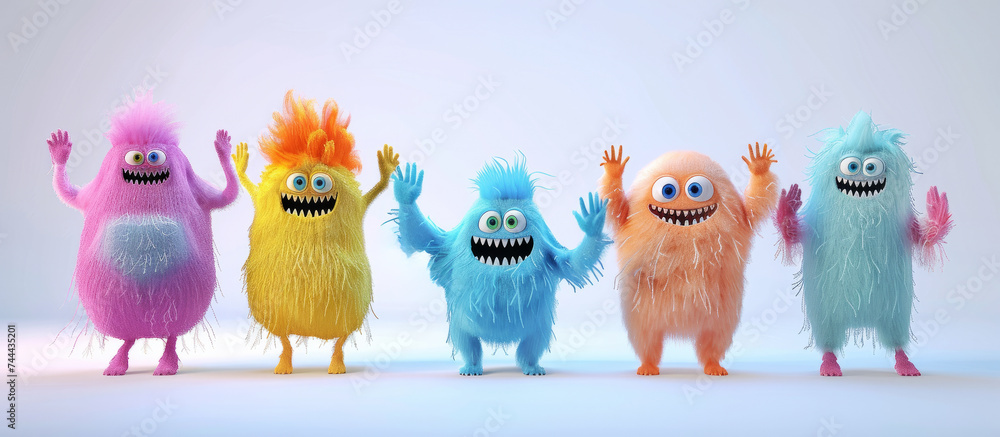 colorful fluffy and cute monsters that dance and wave. in the style of cartoon characters in 3D rendering. Each monster has bright colors. Isolated on a white background, for projects, promotion colorful fluffy and cute monsters that dance and wave. in the style of cartoon characters in 3D rendering. Each monster has bright colors. Isolated on a white background, for projects, promotion