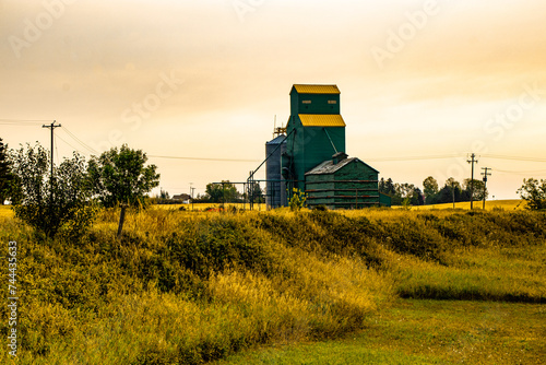 Rustic old Grain elevator sits off to the side, tracks have been deactivated, Delia, Alberta, Canada photo