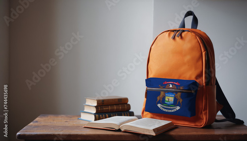 Back to school and happy time! Pile of books and backpack with Michigan flag on the desk at the elementary school.
