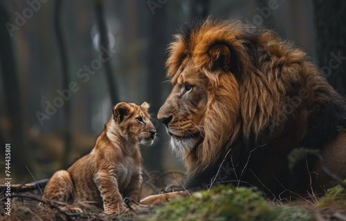 Lion and lion cub in the forest