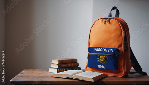 Back to school and happy time! Pile of books and backpack with Wisconsin flag on the desk at the elementary school.