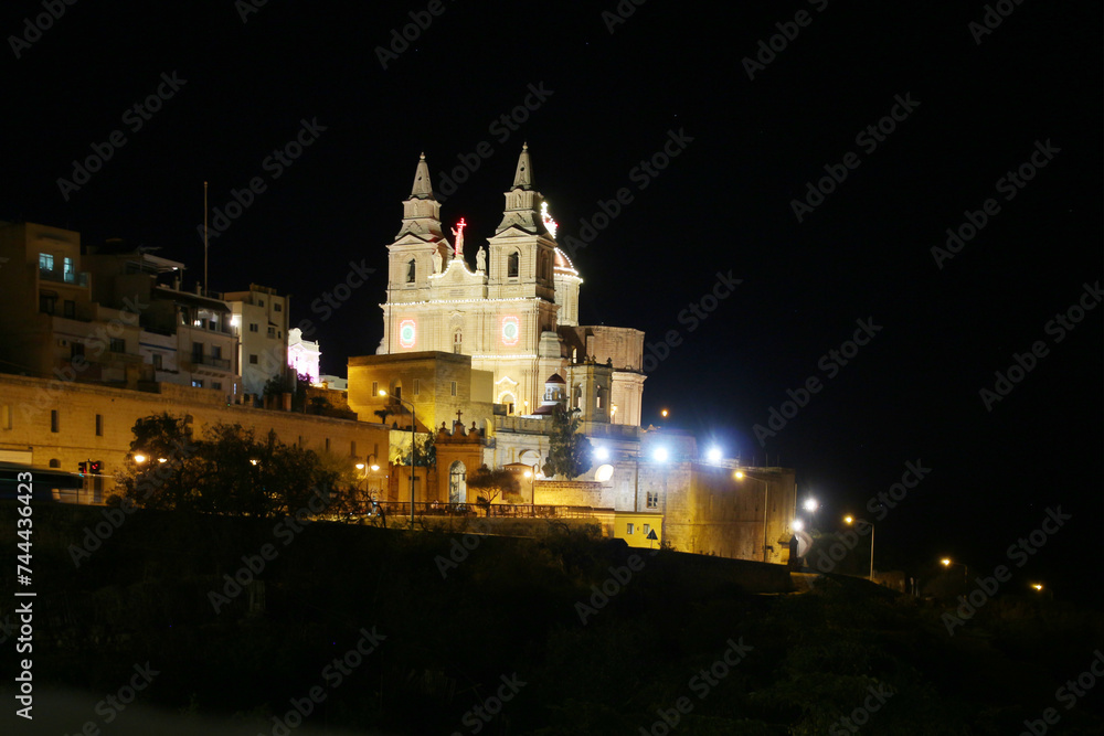 View of the parish church of Mellieha at night-Malta   