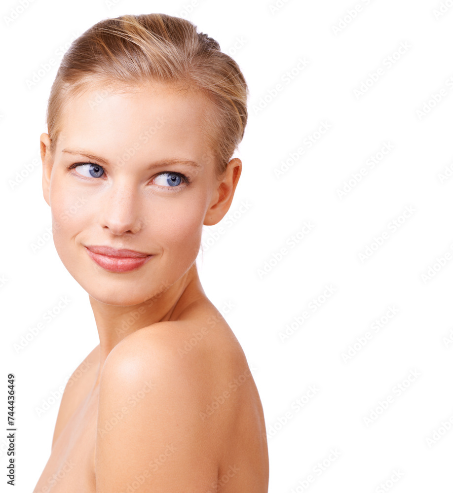 Face, thinking and beauty with natural woman in studio isolated on white background for wellness. Skincare, vision and cosmetics with confident young model at spa or salon for dermatology treatment Face, thinking and beauty with natural woman in studio isolated on white background for wellness. Skincare, vision and cosmetics with confident young model at spa or salon for dermatology treatment