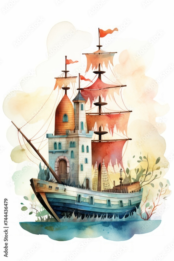 Pirate ships and sail in watercolor style on white background Created with Generative AI technology.