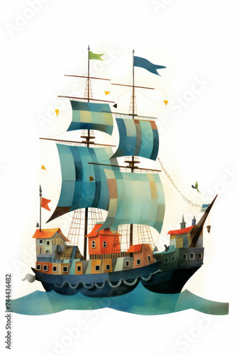Pirate ships and sail in watercolor style on white background Created with Generative AI technology.