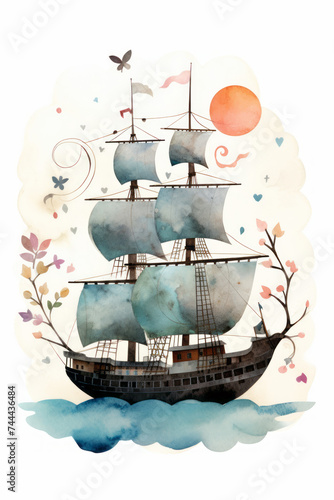 Pirate ships and sail in watercolor style on white background Created with Generative AI technology.