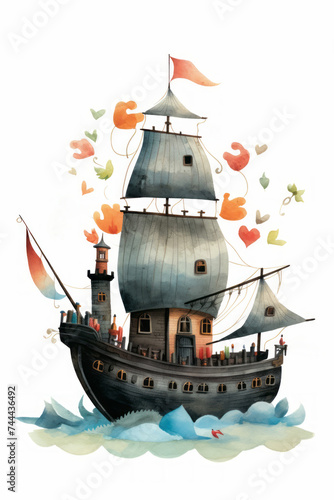 Pirate ships and sail in watercolor style on white background Created with Generative AI technology.