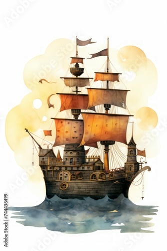 Pirate ships and sail in watercolor style on white background Created with Generative AI technology.