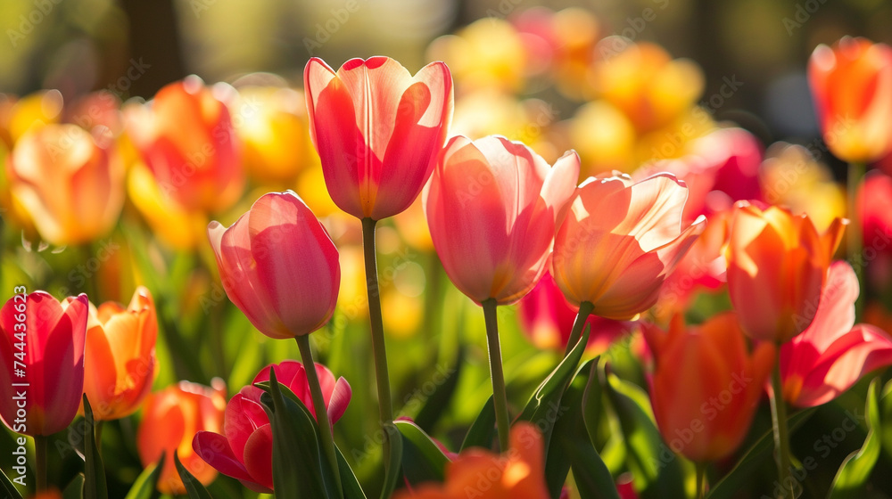 A close-up of vibrant tulips swaying gently in the spring breeze, their petals unfurling in the warm sunlight.