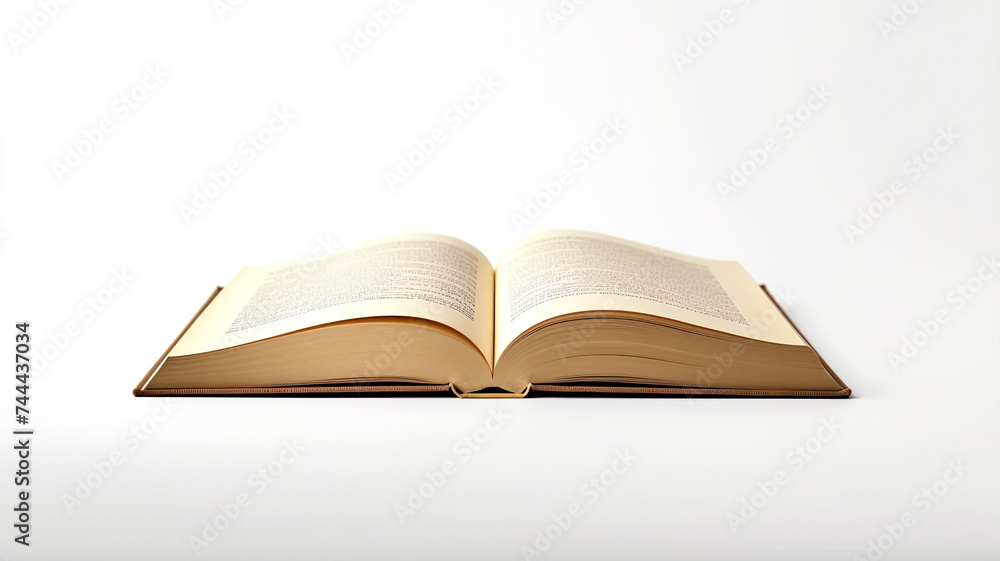 An isolated book in a library with an open textbook against a stark white background