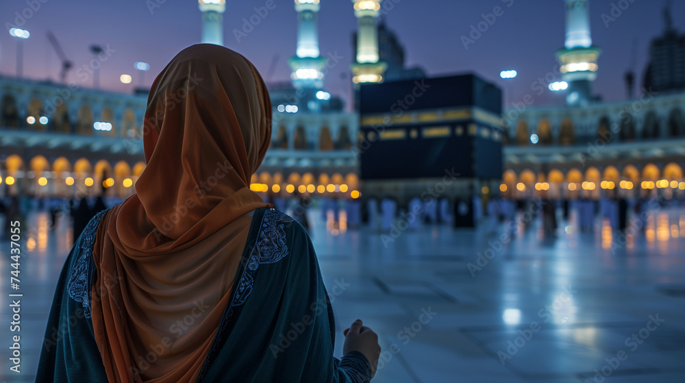 A Muslim woman wearing a hijab, standing in front of the Grand Mosque in Mecca while looking at the Kaaba, Ai Generated Images A Muslim woman wearing a hijab, standing in front of the Grand Mosque in Mecca while looking at the Kaaba, Ai Generated Images