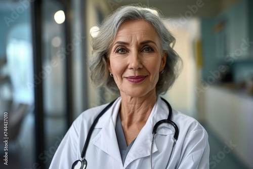 Portrait of smiling older senior female professional doctor physician pediatrician wearing white robe with stethoscope around neck standing in modern private clinic hospital, Generative AI