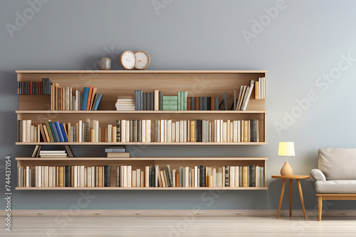 3d rendering bookshelves with books and lamp on wooden floor
