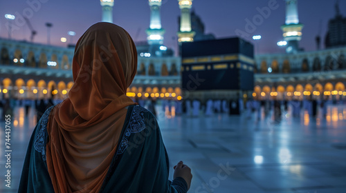 A Muslim woman wearing a hijab, standing in front of the Grand Mosque in Mecca while looking at the Kaaba, Ai Generated Images