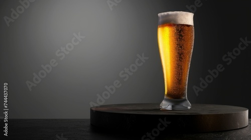 A glass of beer on a podium on a black background. Yellow liquid with bubbles and foam in a glass.