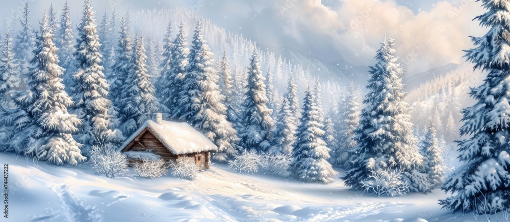 A serene winter scene with a cozy cabin nestled in a blanket of snow