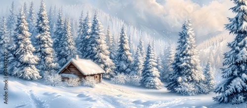 A serene winter scene with a cozy cabin nestled in a blanket of snow © AkuAku