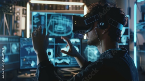 A man is sitting in front of a computer screen, wearing a virtual reality headset. He appears focused and engaged as he interacts with the digital environment displayed in the headset.