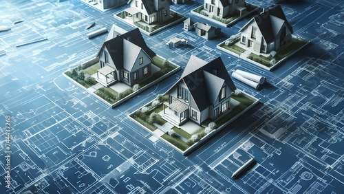 3D rendering of a house on a circuit board with blueprints
