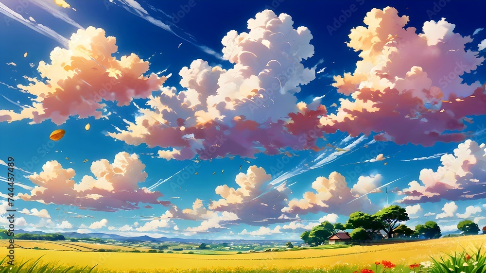 A soft breeze gently rustling through the sunny fields and clear anime style, countryside landscape