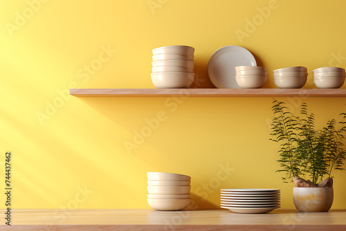 Kitchen shelf with ceramic pots and plates on yellow wall background, 3d render