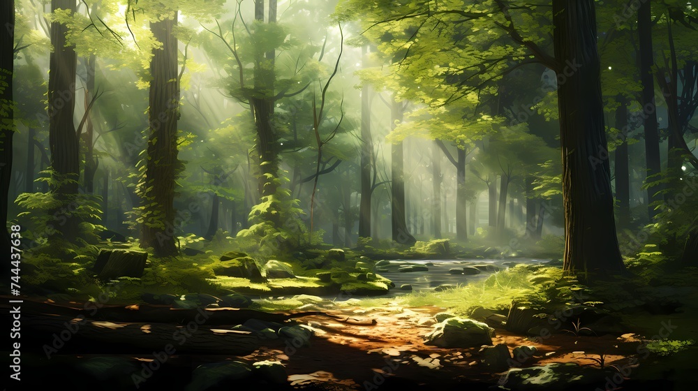 A sunlit forest clearing with a blurred canopy of trees, perfect for a nature-inspired scene.