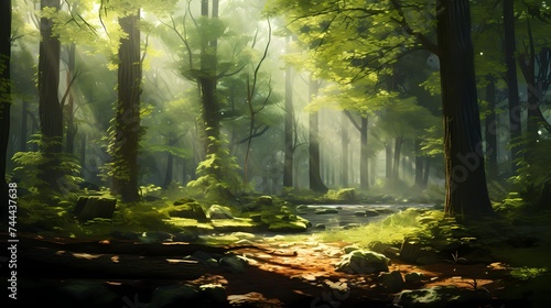 A sunlit forest clearing with a blurred canopy of trees  perfect for a nature-inspired scene.