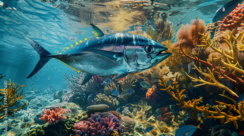 Close-up image of tuna fish seen underwater, with beautiful coral reefs, Ai generated Images