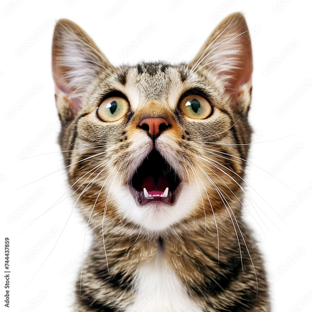 Studio portrait of a shocked cat isolated on a transparent background.