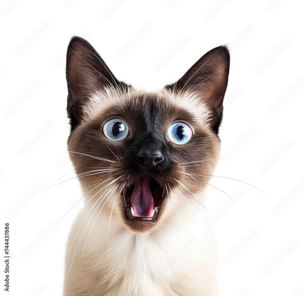 Studio portrait of a shocked white Siamese cat isolated on a transparent background.
