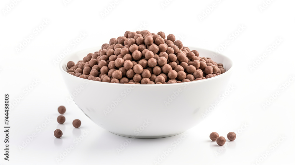 Chocolate cereal isolated in a white bowl against a stark white background Chocolate cereal isolated in a white bowl against a stark white background