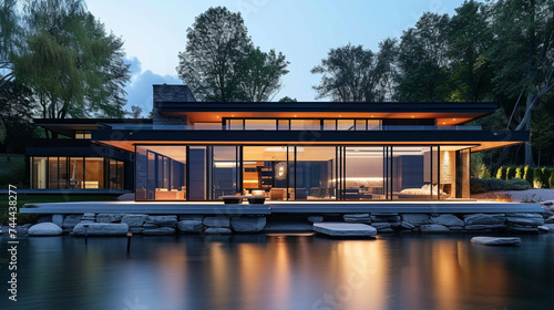 A contemporary house with large glass windows offering panoramic views of a lake, the exterior seamlessly blending with the water's edge and the surrounding nature.