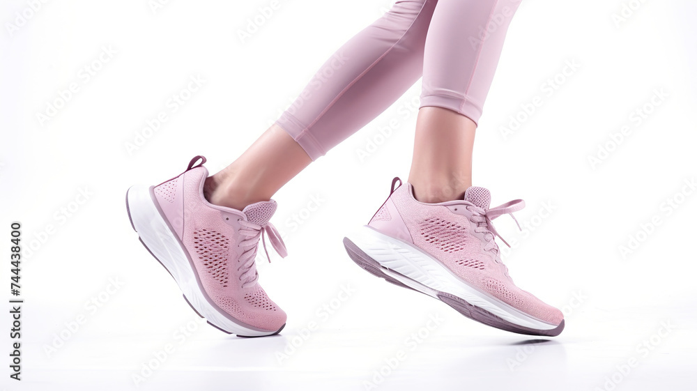 woman exercising in running shoes in a pristine white background in close-up. woman exercising in running shoes in a pristine white background in close-up.