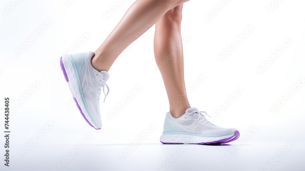 woman exercising in running shoes in a pristine white background in close-up. woman exercising in running shoes in a pristine white background in close-up.
