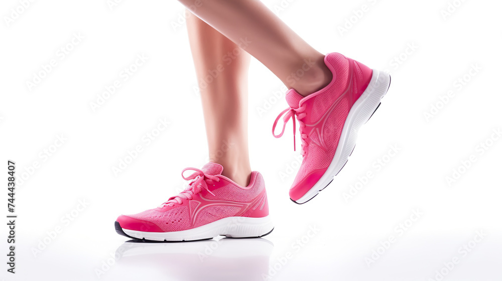 woman exercising in running shoes in a pristine white background in close-up. woman exercising in running shoes in a pristine white background in close-up.