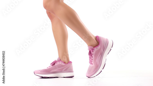 woman exercising in running shoes in a pristine white background in close-up.