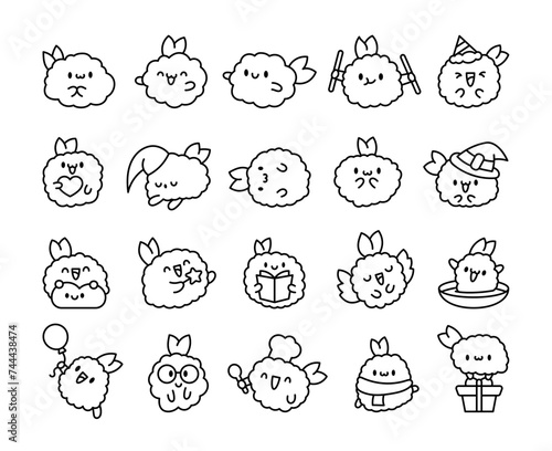 Cute happy kawaii tempura shrimp. Coloring Page. Funny cartoon food character. Hand drawn style. Vector drawing. Collection of design elements.