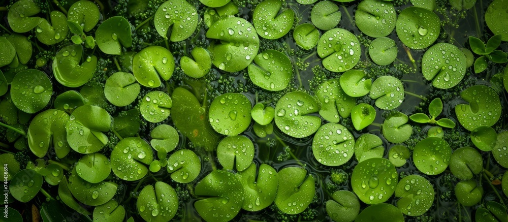Glistening water droplets on a variety of lush aquatic plants in natural pond habitat - obrazy, fototapety, plakaty 