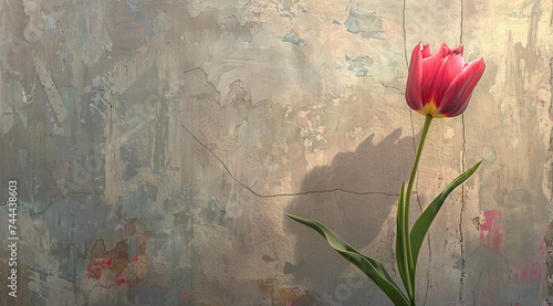 Red tulip on concrete wall background. Neutral background with a ray of sun.