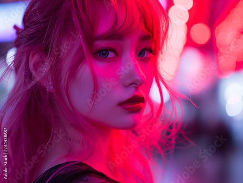 A young woman with striking makeup is illuminated by vibrant neon lights, giving her an edgy, futuristic look. 