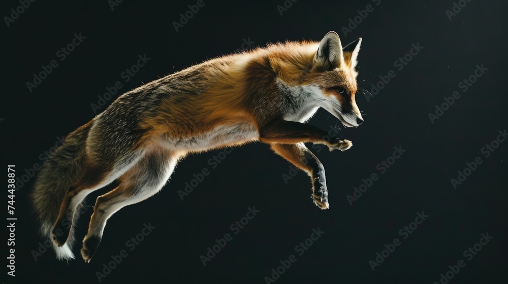 Fototapeta premium Fox jump on a black background. Flying animal. 